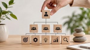 Arquitectura de marca representada mediante una estructura jerárquica que organiza la identidad, los servicios y el crecimiento de una empresa.