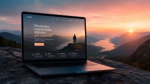 Ordenador portátil con una web corporativa en un entorno natural, representando una experiencia de usuario web clara, visual e intuitiva.